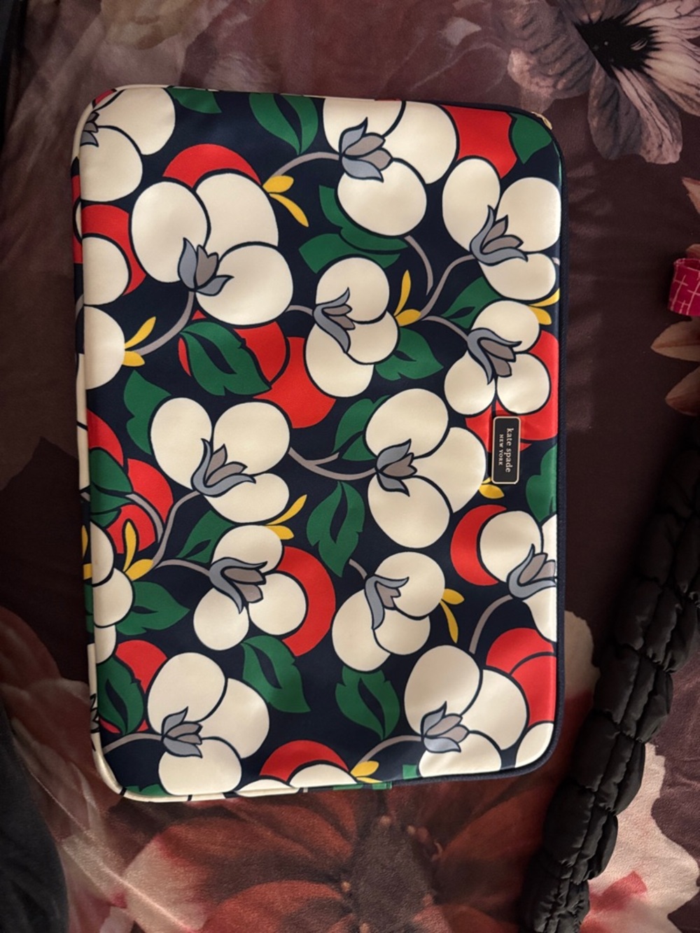 Kate Spade Navy Floral Laptop Sleeve with White, Red & Green Accents